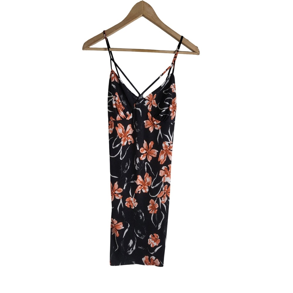 Black Floral V-Neck Mini Dress Crisscross Spaghetti Straps Tropical Gothic